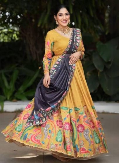 Festive Wear Digital Print Gown With Dupatta In Mustard Colour