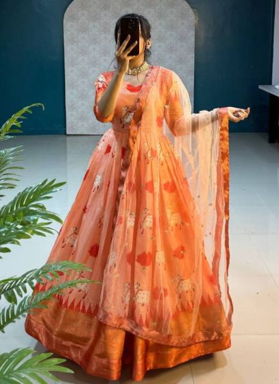 Trending Orange Colour Soft Kota Silk Gown With Dupatta
