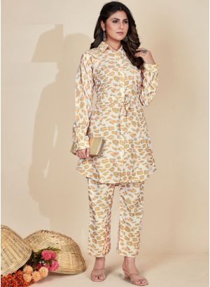 Beige Color Floral Printed Collar Shirt With Trousers Latest Co Ords Set
