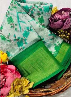 Festive Wear Slub Cotton Green Color Traditional Saree