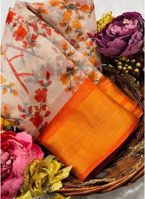 Festive Wear Slub Cotton Orange Color Traditional Saree