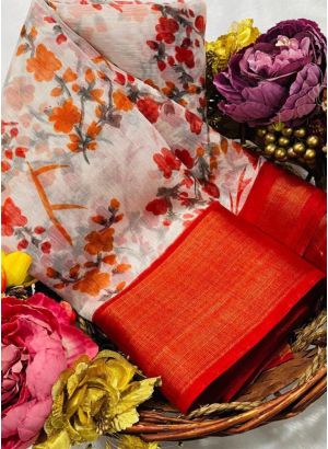 Festive Wear Slub Cotton Red Color Traditional Saree