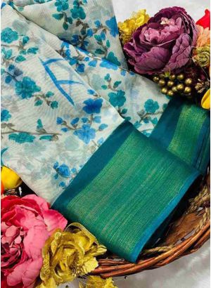 Festive Wear Slub Cotton Teal Color Traditional Saree