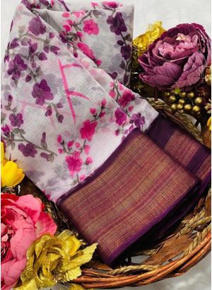 Festive Wear Slub Cotton Wine Color Traditional Saree