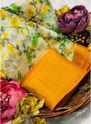 Festive Wear Slub Cotton Yellow Color Traditional Saree
