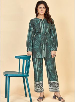 Green Color Floral Printed Collar Shirt With Trousers Latest Co Ords Set