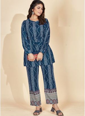 Teal Color Floral Printed Collar Shirt With Trousers Latest Co Ords Set
