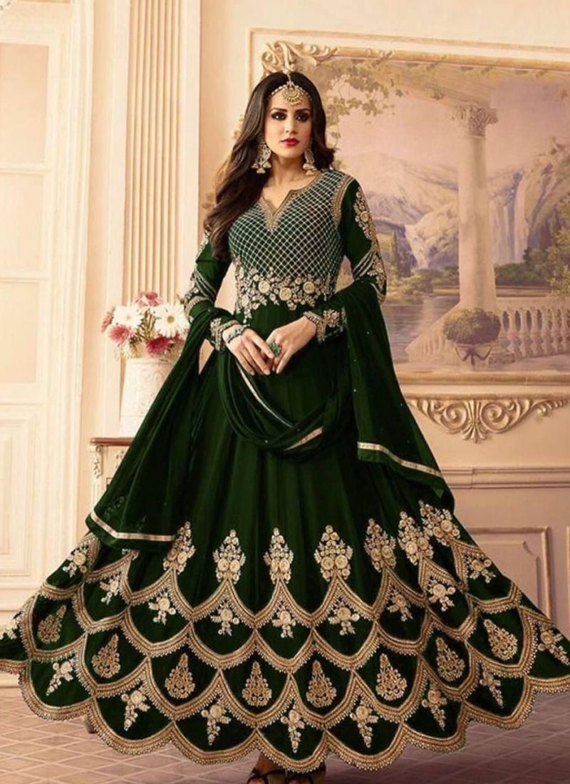 Amazing Green with Yellow Color Work Anarkali Gown With Jack