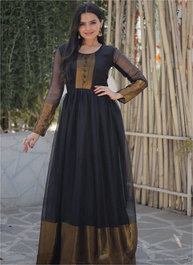 Buy Party Wear Black Zari Work Georgette Gown Online From Surat Wholesale  Shop.