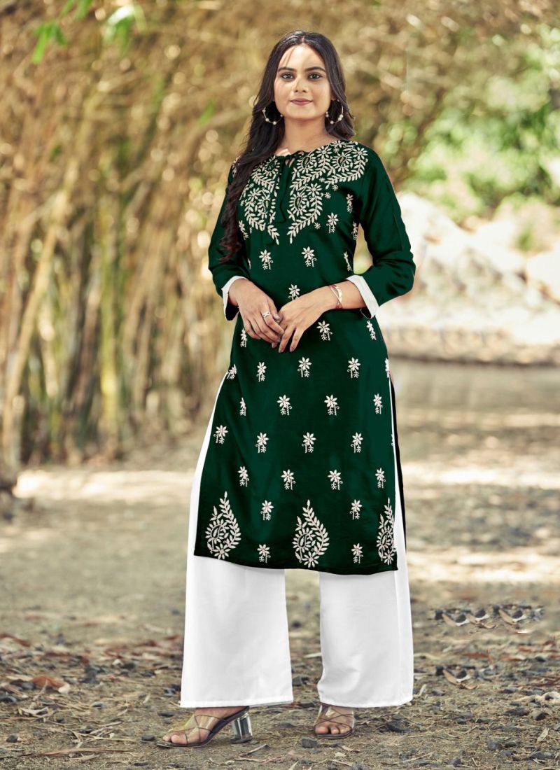 Green and Off White Cotton Kurti Plazo | Indian fashion trends, Kurti  designs, Kurti
