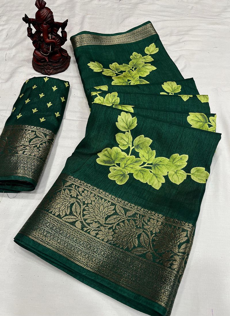 Dola Silk Green Flower Print Daily Wear Saree