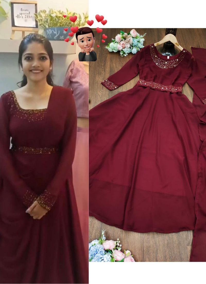 Designer, Reception Red and Maroon color Georgette fabric Gown : 1879979