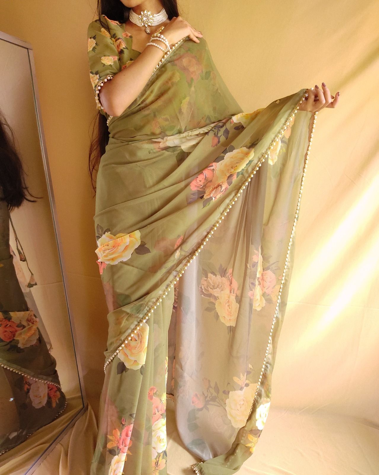 Glorious Beige Color Heavy Georgette With Beautiful Floral Printed
