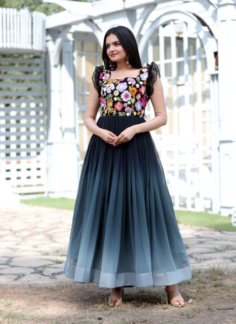 Latest Black Embroidered Faux Blooming Premium Designer Readymade Gown