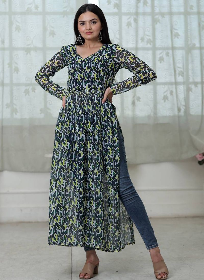 Georgette Readymade Designer Nayra Cut Kurti at Rs 599 in Surat | ID:  2852429585055