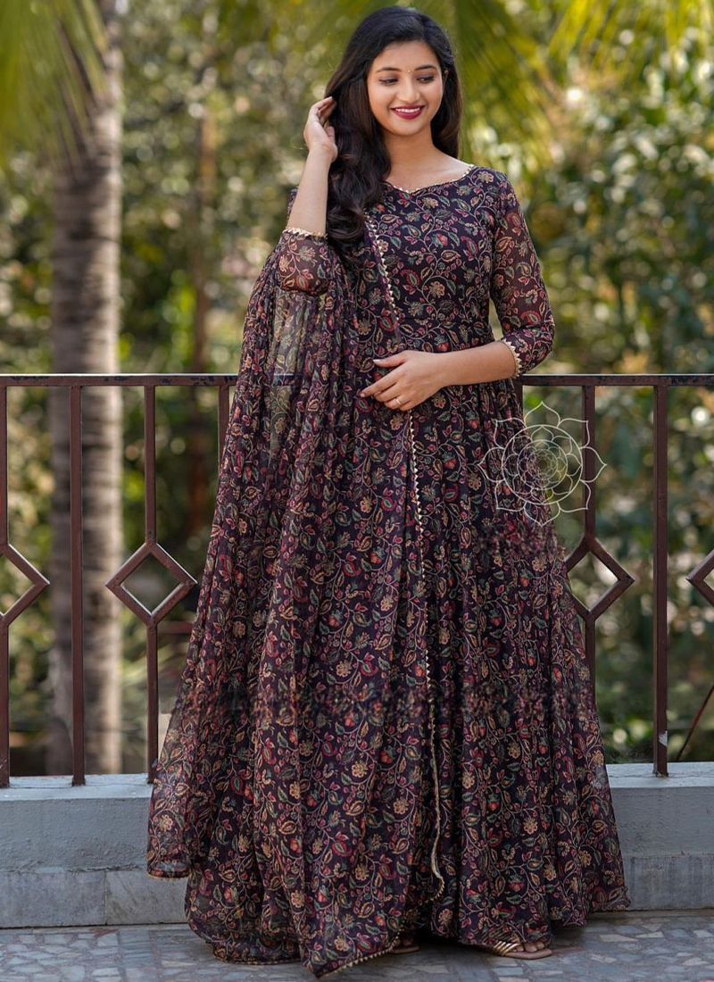 Brown Color Glorious Printed Gown With Dupatta In Art Silk Fabric