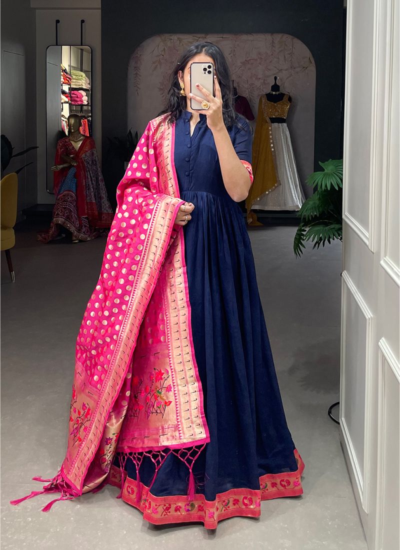 Navy Blue Floral Gown Dupatta Set | Koselly