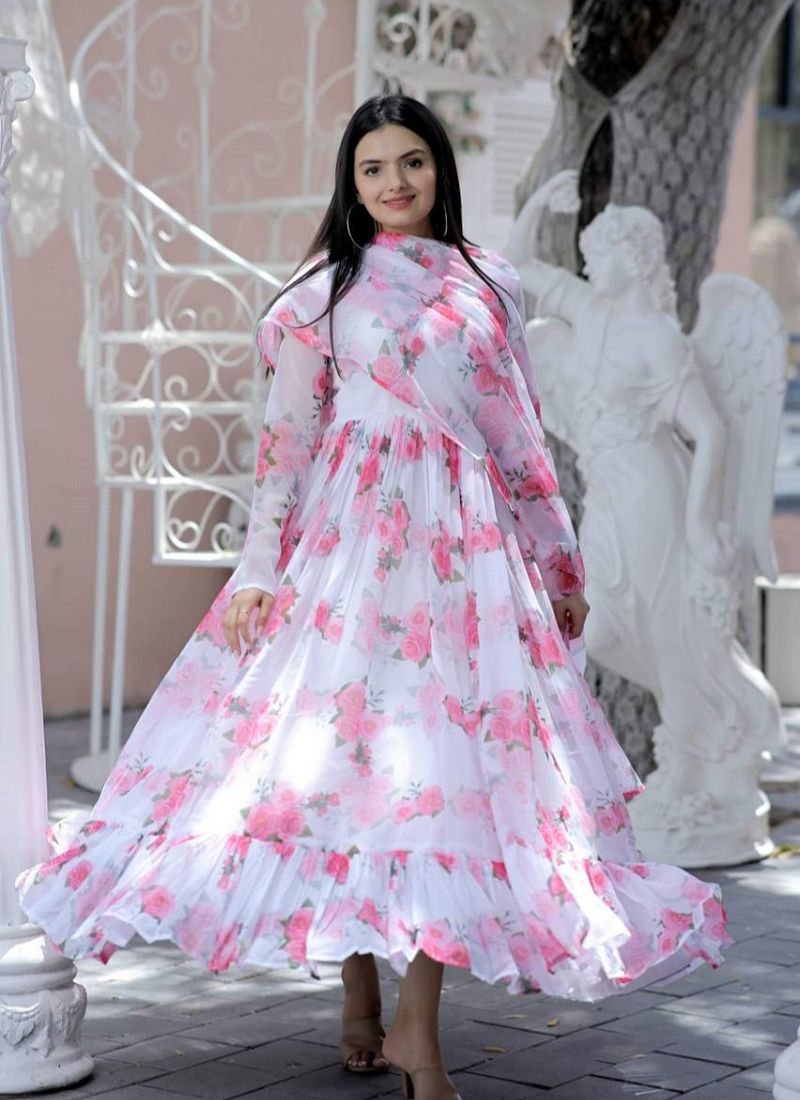 Red Rose Beautiful White Floral Printed Georgette Anarkali Gown With Dupatta,  Printed Gown, Party Wear Dress,