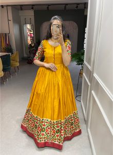 Yellow Foil Printed Dola Silk Haldi Ceremony Gown