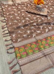 Ajrakh Print Moss Crush Brown Latest Traditional Saree