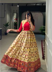 Amazing Multi Patola Paithani Printed And Foil Printed Dola Silk Latest Traditional Gown