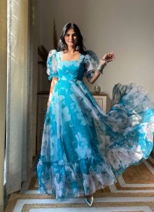 Attractive Blue Organza Printed Gown