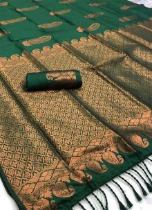 Attractive Green Lichi Silk Traditional Saree With Blouse