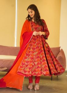 Attractive Print Designer Gown With Dupatta In Red