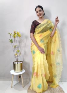 Attractive Yellow Color Trendy Embroidered Saree For Women