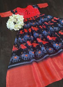 Awesome Navy Blue Printed And Weaving Border Soft Cotton Gown