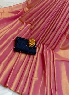 Baby Pink Tissue Cotton Saree With Moti Pearl Blouse