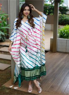 Bandhej Digital Print White Latest Trendy Fashionable Kaftan Kurti With Dori