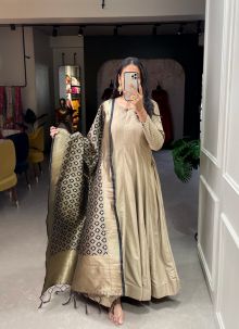 Beige Indian Traditional Look Designer Gown With Different Style Dupatta