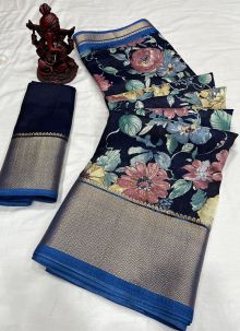 Blue Cotton Silk Festive Wear Traditional Saree