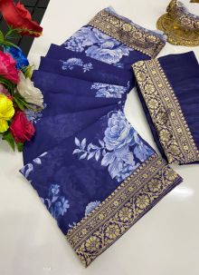 Blue Designer Bold And Beautiful Georgette Bollywood Style Digital Print Saree With Lace Border
