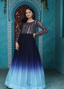 Blue Faux Georgette With Sequins Work And Rich Digital Print Designer Gown