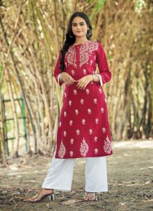 Bright Pink Embroidered Work Kurti With Palazzo