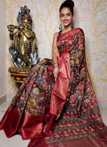 Chanderi Silk Maroon Printed Saree