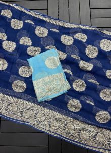 Charming Navy Blue Viscose Georgette Weaving Saree