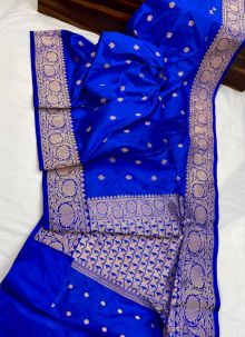 Classy Blue Stylish Look Pure Weaving Silk Saree With Big Broad Border