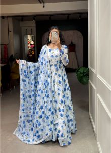 Classy Sky Blue Floral Print Chiffon Party Wear Gown
