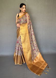 Digital Brown Kalamkari Cotton Linen Saree