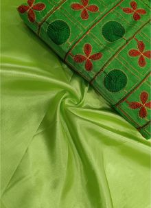 Fanciful Party Wear Satin Silk Fluorescent Green Saree With Heavy Work Blouse