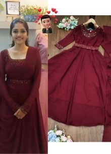 Fantastic Maroon Georgette Gown With Dupatta And Belt