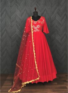 Faux Blooming Red Premium Readymade Gown