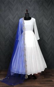 Faux Georgette White Butti Work Floor Length Gown