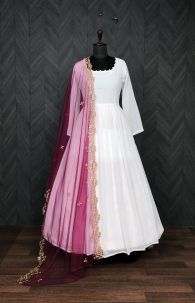Faux Georgette White Butti Work Gown For Festival