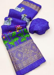 Festive Wear Blue Dola Silk Floral Print Crush Saree
