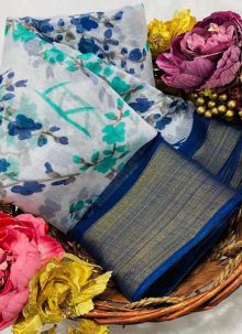 Festive Wear Slub Cotton Blue Color Traditional Saree