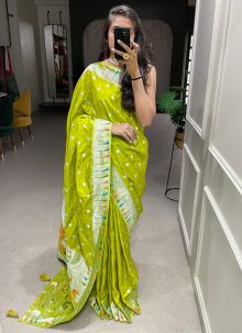 Fluorescent Green Color Zari Weaving Work Pure Viscose Wedding Wear Saree